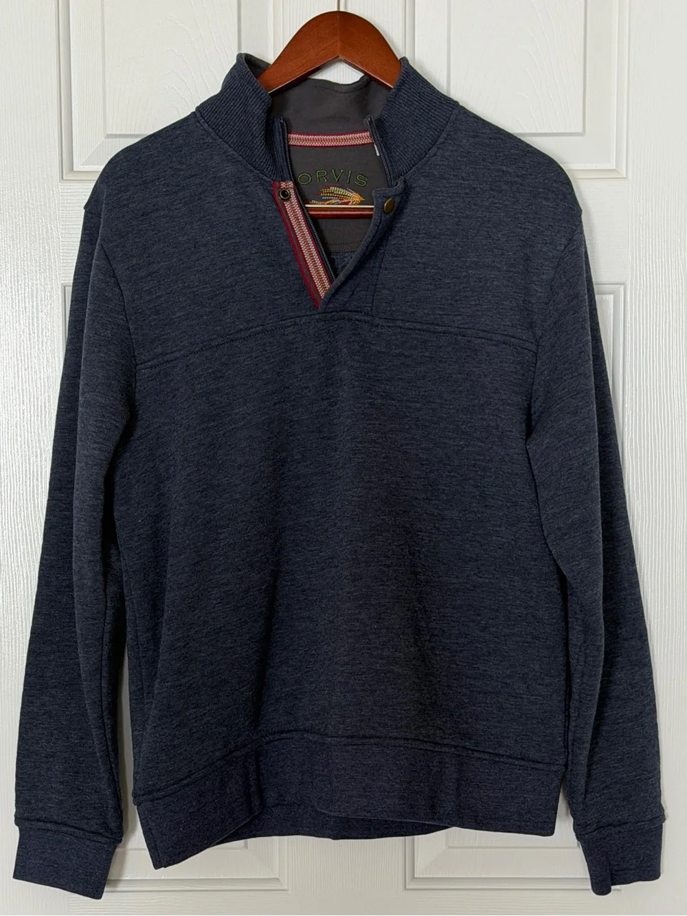 Orvis Men’s Medium Fleece Lined Pullover Sweatshirt Blue Snap Neck Casual